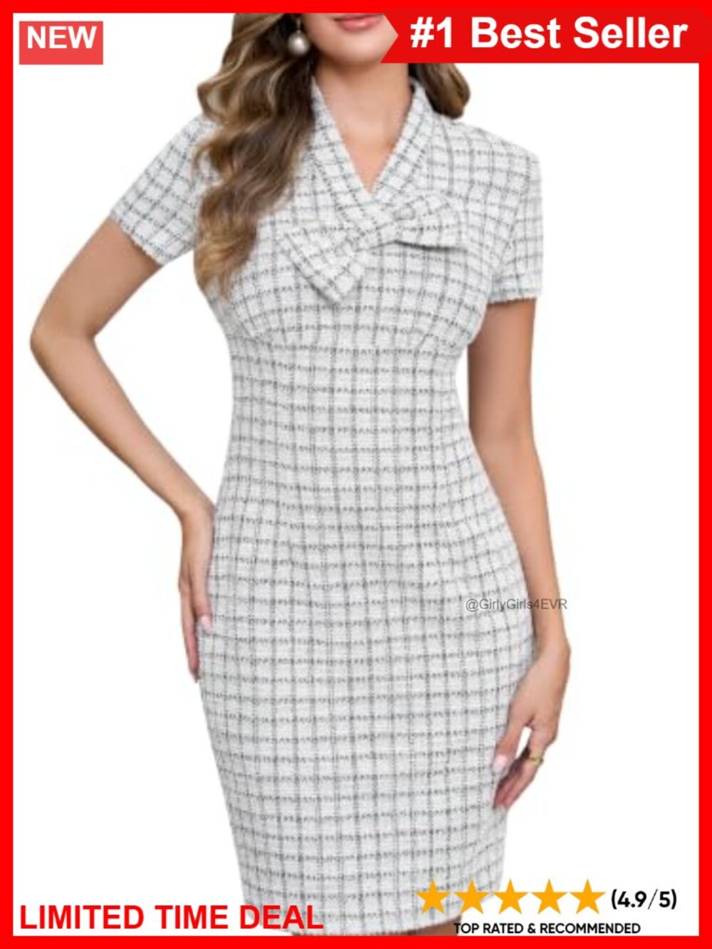 V Neck Tweed Pencil Dress Business Casual Office